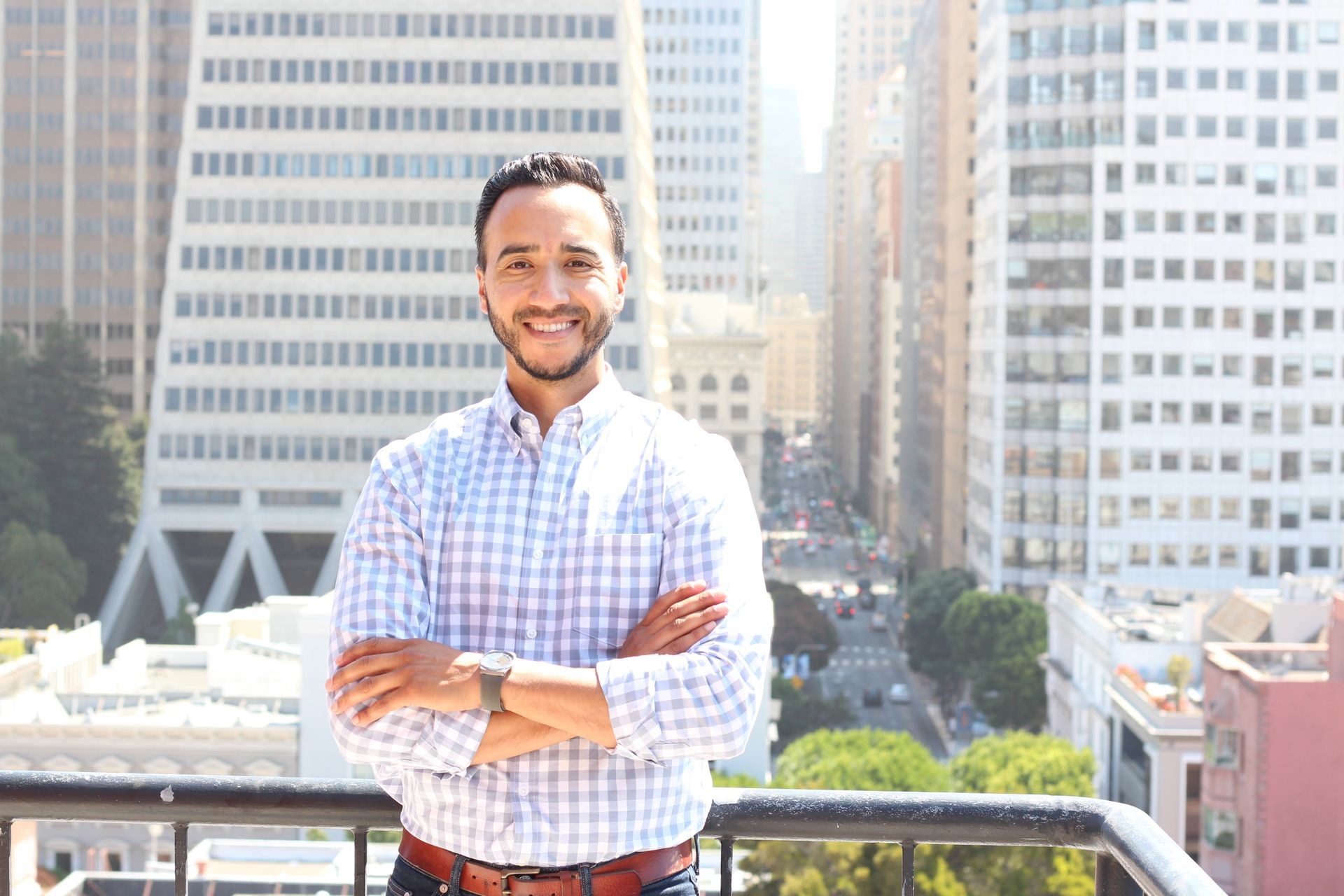 Shot of founder with downtown San Francisco background montgomery street pyramid 930 Montgomery Street