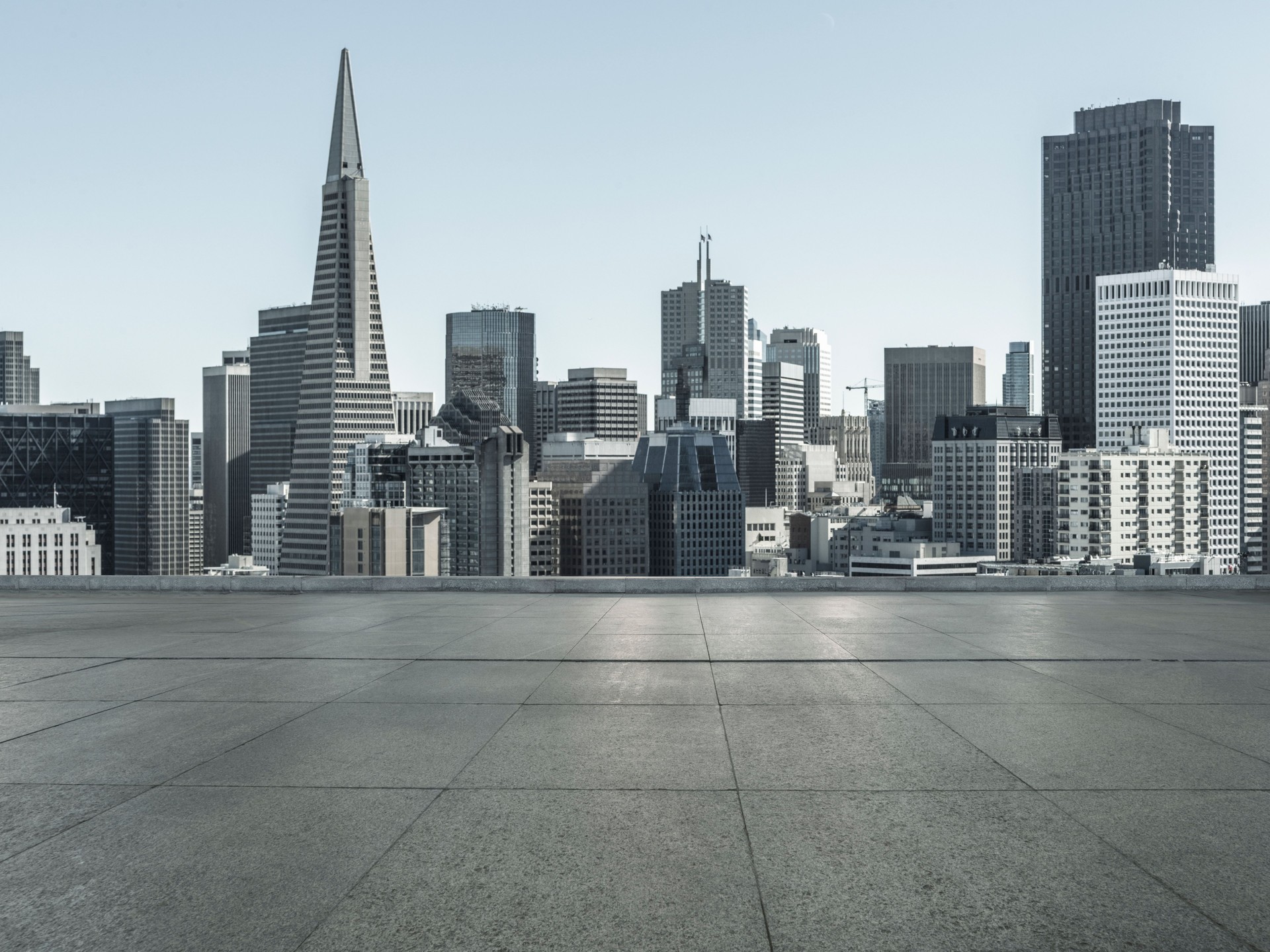 empty tiled floor front of san francisco downtown skyline with landmark Transamerica Pyramid